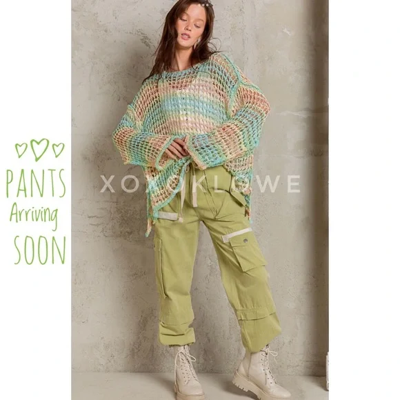 POL Tropical Striped Open Crochet Sweater Oversized - Picture 9 of 10